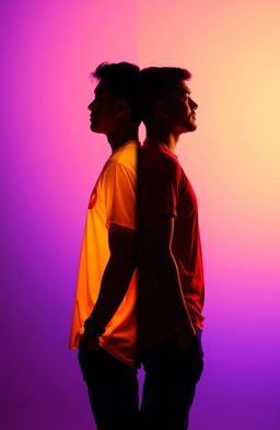 Two people standing back to back, one side illuminated and bright, representing a warm and vibrant atmosphere, while the male figure is set against a dark and cool background