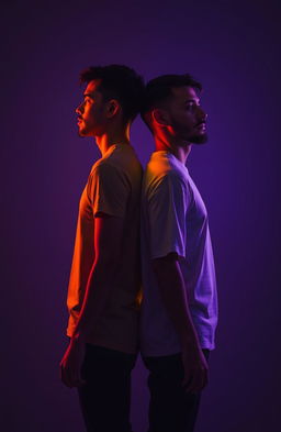 Two people standing back to back, one side illuminated and bright, representing a warm and vibrant atmosphere, while the male figure is set against a dark and cool background