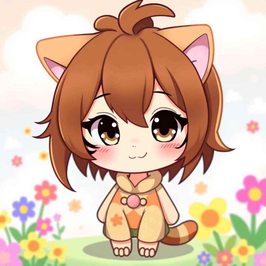 A cute, cartoon-style character resembling a friendly feline with long, brown hair, featuring a distinctive beauty mark on the left cheek