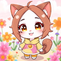 A cute, cartoon-style character resembling a friendly feline with long, brown hair, featuring a distinctive beauty mark on the left cheek