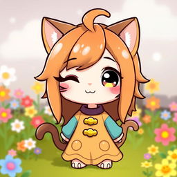 A cute, cartoon-style character resembling a friendly feline with long, brown hair, featuring a distinctive beauty mark on the left cheek