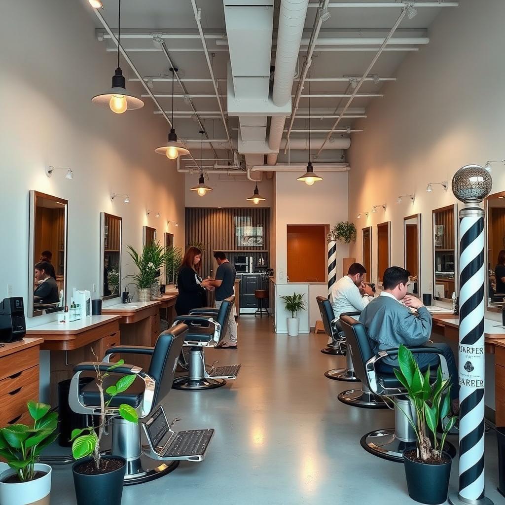 A small, modern minimalist barbershop featuring sleek lines and an open layout, with vintage retro touches like classic barber chairs, a vintage barber pole, and retro-style mirrors