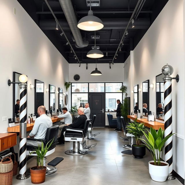 A small, modern minimalist barbershop featuring sleek lines and an open layout, with vintage retro touches like classic barber chairs, a vintage barber pole, and retro-style mirrors