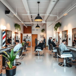 A small, modern minimalist barbershop featuring sleek lines and an open layout, with vintage retro touches like classic barber chairs, a vintage barber pole, and retro-style mirrors