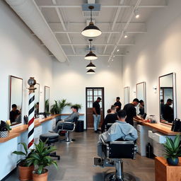 A small, modern minimalist barbershop featuring sleek lines and an open layout, with vintage retro touches like classic barber chairs, a vintage barber pole, and retro-style mirrors