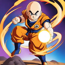 Generate an image of Krillin from Dragon Ball series in a dynamic fighting stance with a blazing energy ball in his hand, set against a vividly colored battlefield background