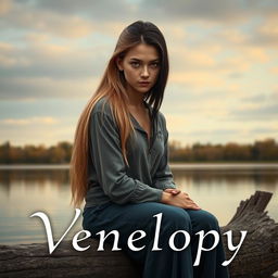 A highly realistic scene featuring an 18-year-old girl with long blonde hair and warm brown eyes, sitting on a rustic log by a tranquil lake