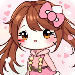 A cute Hello Kitty character with long, flowing brown hair and a distinctive beauty spot on her left cheek