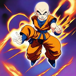 Generate an image of Krillin from Dragon Ball series in a dynamic fighting stance with a blazing energy ball in his hand, set against a vividly colored battlefield background