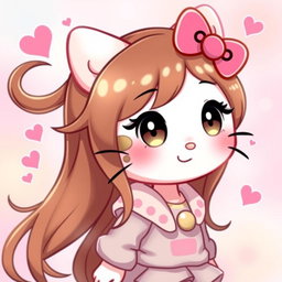 A cute Hello Kitty character with long, flowing brown hair and a distinctive beauty spot on her left cheek