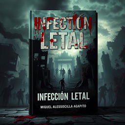 A captivating and surrealistic book cover for a zombie-themed novel titled 'Infección Letal', featuring blood splatters on the title to evoke a sense of horror and urgency