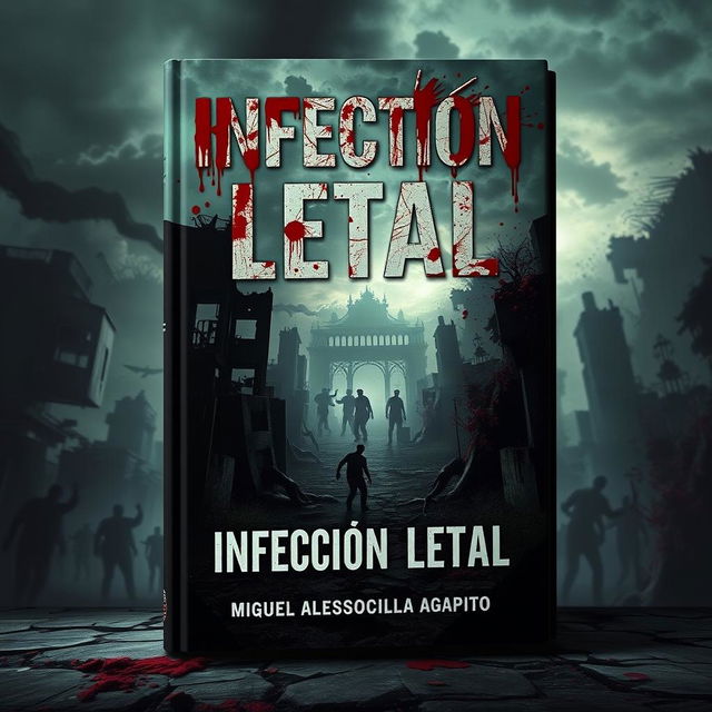 A captivating and surrealistic book cover for a zombie-themed novel titled 'Infección Letal', featuring blood splatters on the title to evoke a sense of horror and urgency