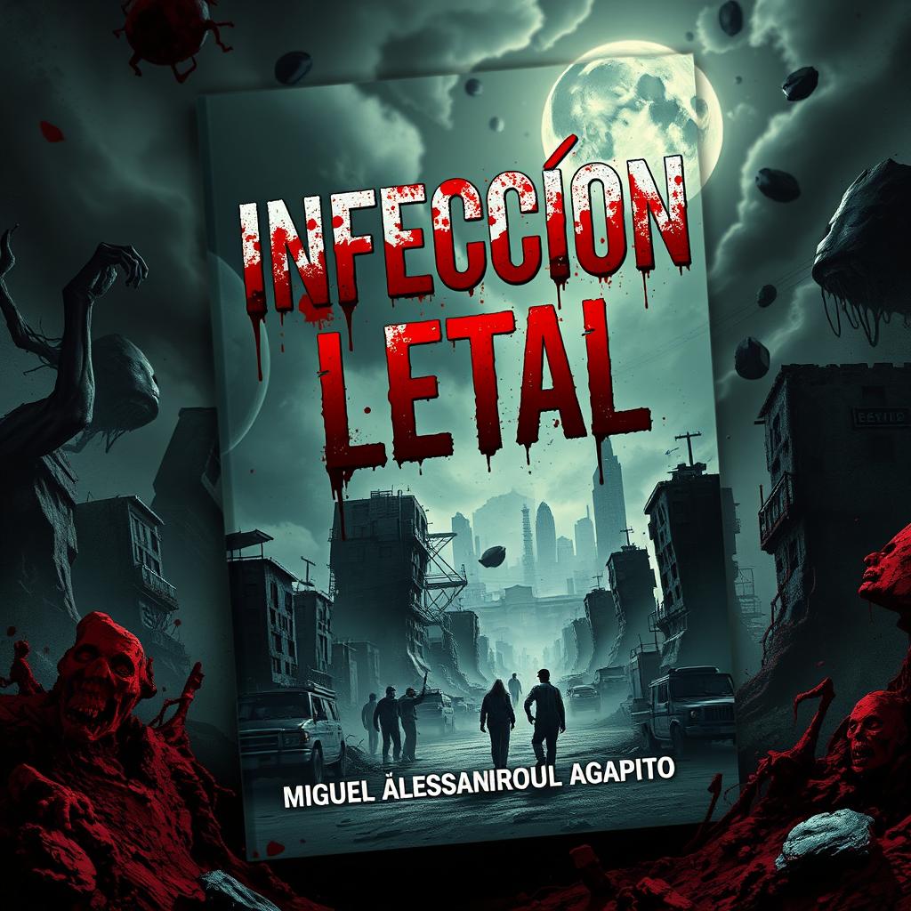 A captivating and surrealistic book cover for a zombie-themed novel titled 'Infección Letal', featuring blood splatters on the title to evoke a sense of horror and urgency