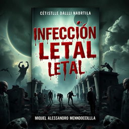 A captivating and surrealistic book cover for a zombie-themed novel titled 'Infección Letal', featuring blood splatters on the title to evoke a sense of horror and urgency