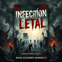 A captivating and surrealistic book cover for a zombie-themed novel titled 'Infección Letal', featuring blood splatters on the title to evoke a sense of horror and urgency