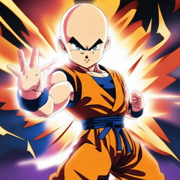 Generate an image of Krillin from Dragon Ball series in a dynamic fighting stance with a blazing energy ball in his hand, set against a vividly colored battlefield background