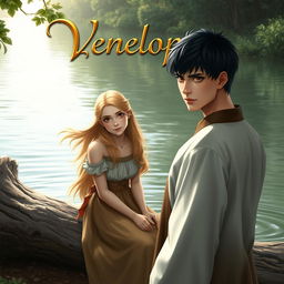 A highly realistic scene featuring an 18-year-old girl with flowing blonde hair and deep brown eyes, sitting on a weathered log by a peaceful lake, surrounded by soft nature