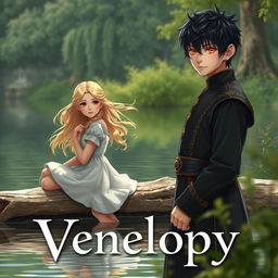 A highly realistic scene featuring an 18-year-old girl with flowing blonde hair and deep brown eyes, sitting on a weathered log by a peaceful lake, surrounded by soft nature
