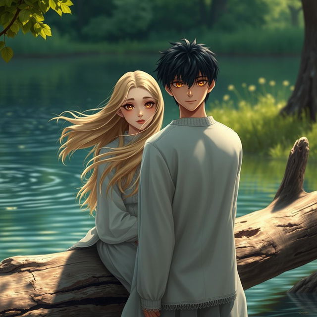 A highly realistic scene featuring an 18-year-old girl with flowing blonde hair and deep brown eyes, sitting on a weathered log by a peaceful lake, surrounded by soft nature