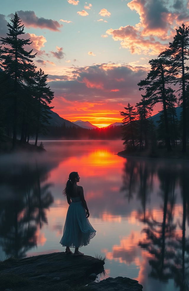 A solitary figure standing at the edge of a serene lake during sunset, gazing thoughtfully at the water's surface reflecting vibrant hues of orange, pink, and purple