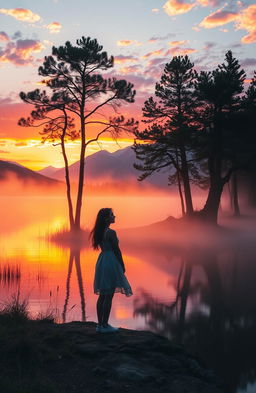 A solitary figure standing at the edge of a serene lake during sunset, gazing thoughtfully at the water's surface reflecting vibrant hues of orange, pink, and purple