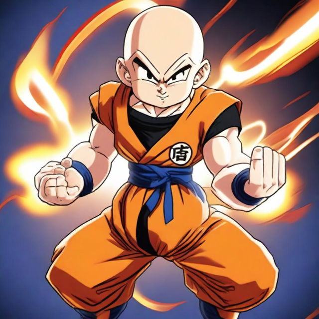 Generate an image of Krillin from Dragon Ball series in a dynamic fighting stance with a blazing energy ball in his hand, set against a vividly colored battlefield background