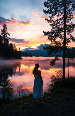 A solitary figure standing at the edge of a serene lake during sunset, gazing thoughtfully at the water's surface reflecting vibrant hues of orange, pink, and purple