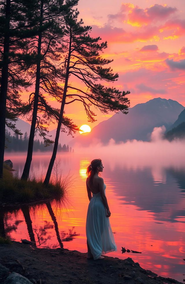 A solitary figure standing at the edge of a serene lake during sunset, gazing thoughtfully at the water's surface reflecting vibrant hues of orange, pink, and purple