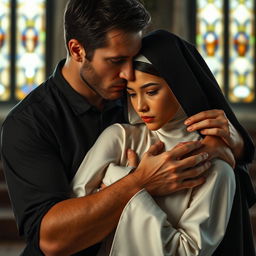 A dramatic scene capturing the intense yet secretive bond between a young novice nun and a handsome man