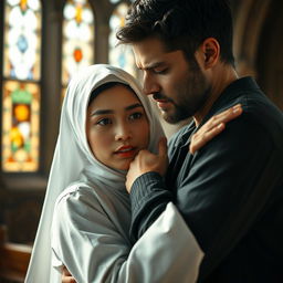 A dramatic scene capturing the intense yet secretive bond between a young novice nun and a handsome man