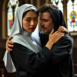 A dramatic scene capturing the intense yet secretive bond between a young novice nun and a handsome man