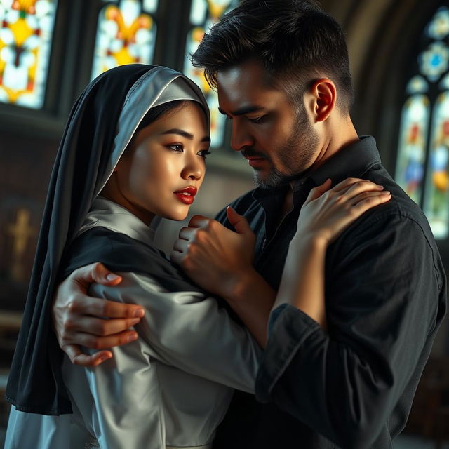 A dramatic scene capturing the intense yet secretive bond between a young novice nun and a handsome man