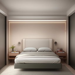 3D view of a stylish and modern bedroom interior designed for a room measuring 10ft x 10ft, incorporating comfortable furniture, intriguing color scheme and efficient use of space.