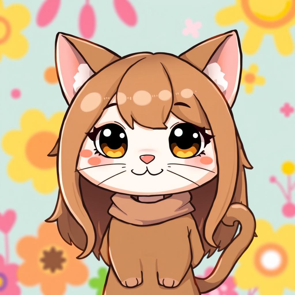 A cute cartoon character resembling a cat with long, smooth brown hair