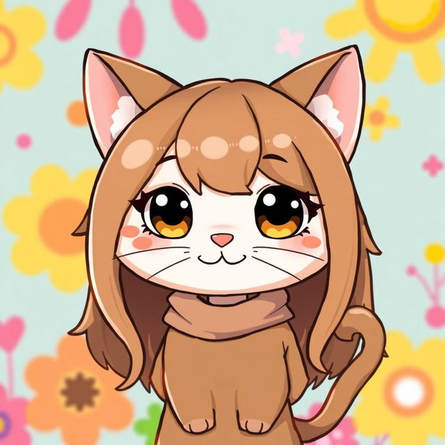 A cute cartoon character resembling a cat with long, smooth brown hair