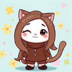 A cute cartoon character resembling a cat with long, smooth brown hair