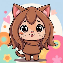 A cute cartoon character resembling a cat with long, smooth brown hair