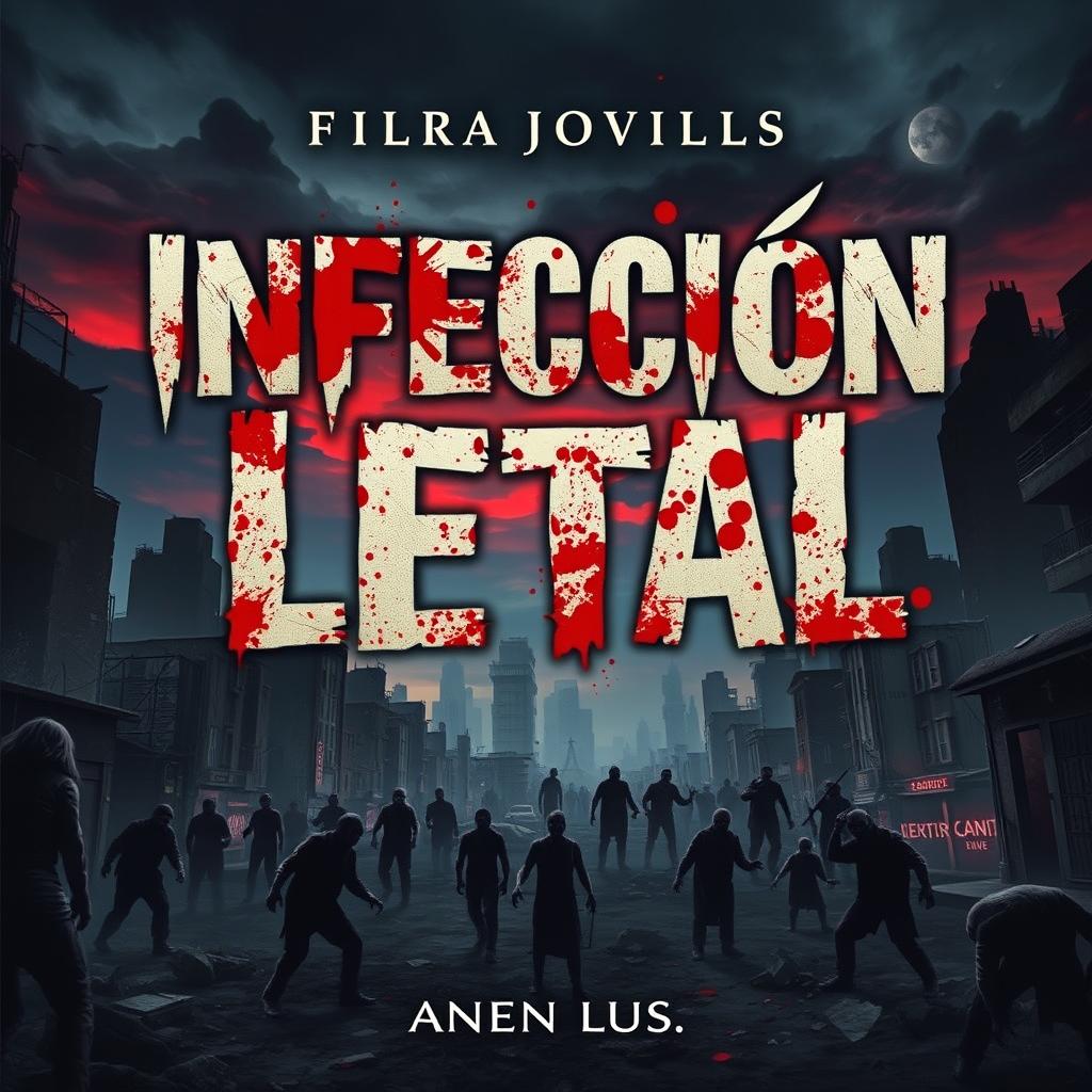 An intriguing and surrealistic book cover for a zombie-themed novel titled 'Infección Letal', featuring blood splatters on the title to evoke a sense of horror and urgency