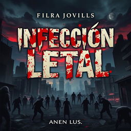 An intriguing and surrealistic book cover for a zombie-themed novel titled 'Infección Letal', featuring blood splatters on the title to evoke a sense of horror and urgency