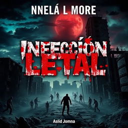 An intriguing and surrealistic book cover for a zombie-themed novel titled 'Infección Letal', featuring blood splatters on the title to evoke a sense of horror and urgency