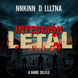 An intriguing and surrealistic book cover for a zombie-themed novel titled 'Infección Letal', featuring blood splatters on the title to evoke a sense of horror and urgency