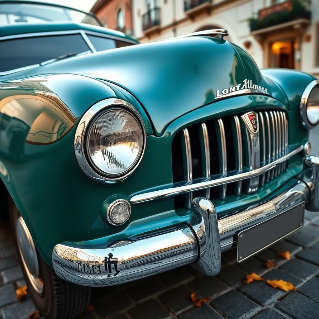 A close-up view of a classic 1952 Ford Prefect, emphasizing its iconic vintage features