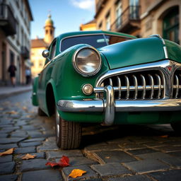 A close-up view of a classic 1952 Ford Prefect, emphasizing its iconic vintage features