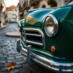 A close-up view of a classic 1952 Ford Prefect, emphasizing its iconic vintage features