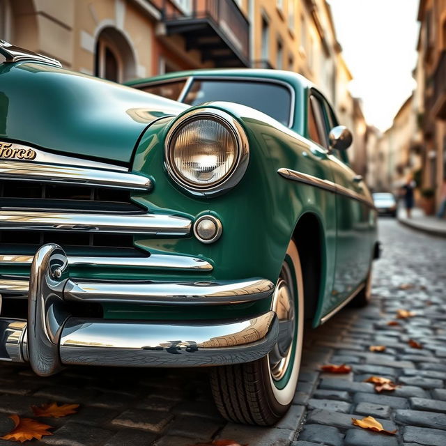 A close-up view of a classic 1952 Ford Prefect, emphasizing its iconic vintage features