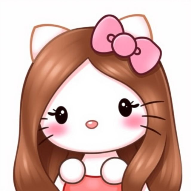 A cute and charming depiction of Hello Kitty, featuring her with long, smooth brown hair that flows elegantly around her face