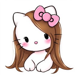 A cute and charming depiction of Hello Kitty, featuring her with long, smooth brown hair that flows elegantly around her face
