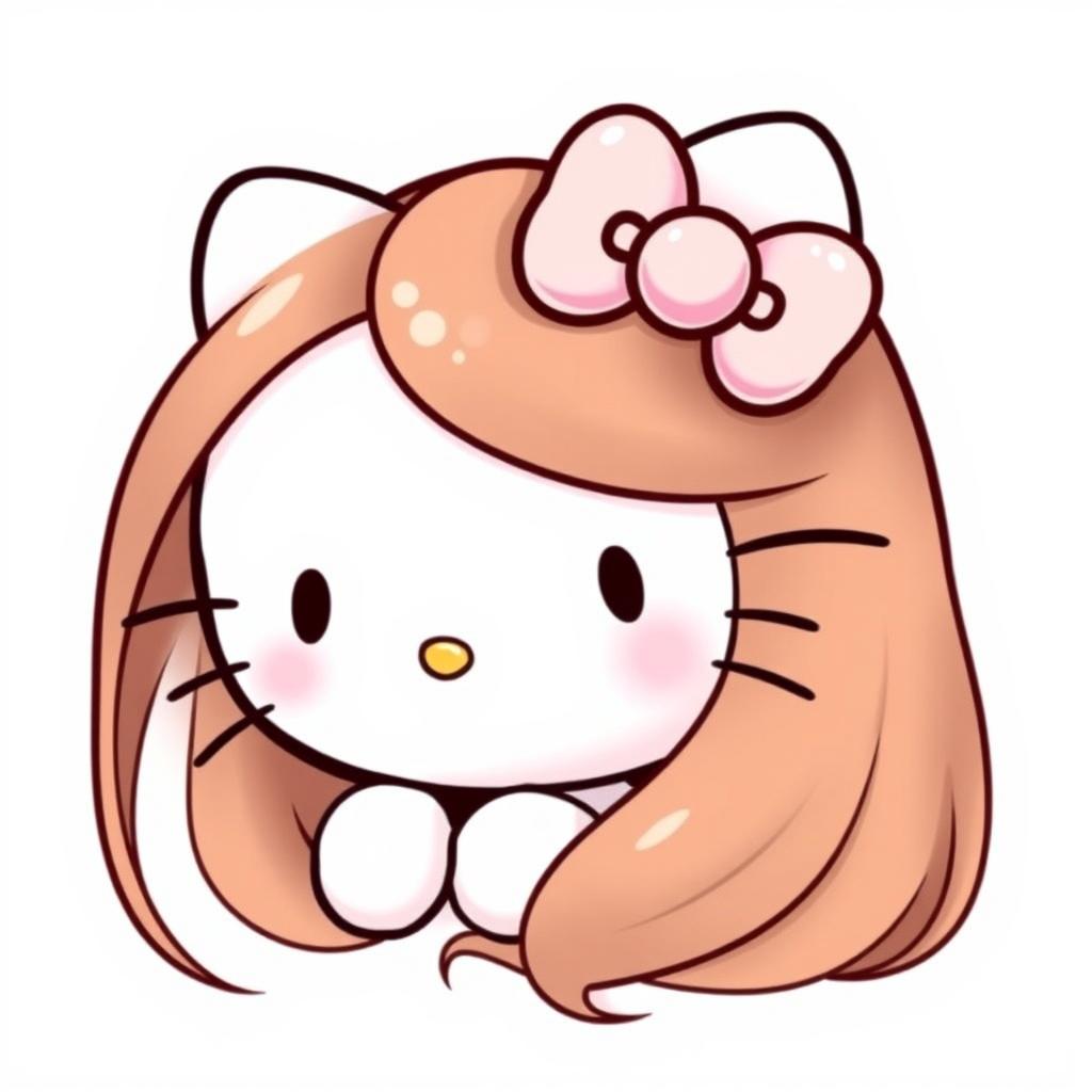 A cute and charming depiction of Hello Kitty, featuring her with long, smooth brown hair that flows elegantly around her face