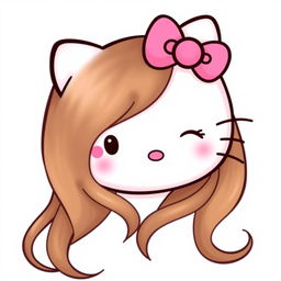A cute and charming depiction of Hello Kitty, featuring her with long, smooth brown hair that flows elegantly around her face