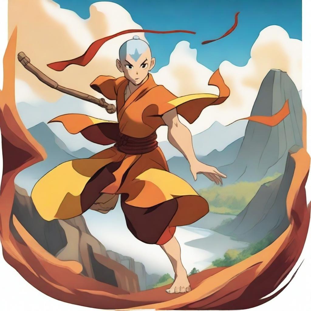 Generate an image of Aang from Avatar: The Last Airbender, skillfully bending all four elements against a scenic backdrop of the four nations